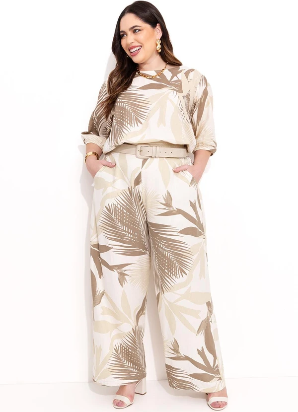 Quintess - Calça Folhagem Bege em Linho 12