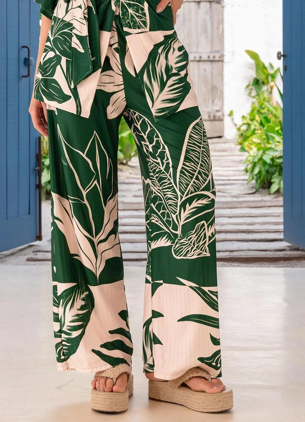 Quintess - Calça Folhagem Verde em Malha Texturizada