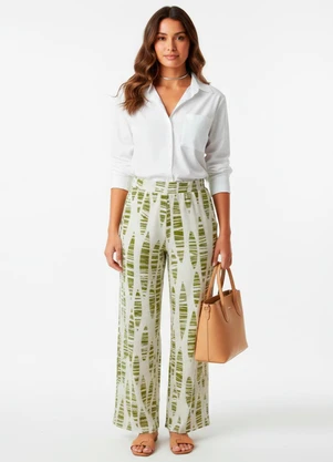 Quintess - Calça Folhas Listradas em Malha de Viscose - QUINTESS