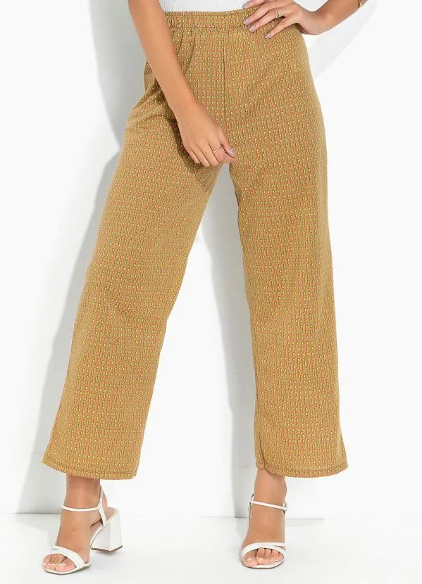 Moda Pop - Calça Geométrica Marrom com Elástico na Cintura