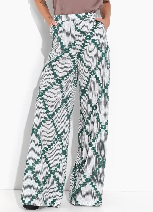 Moda Pop - Calça Geométrico Branco com Bolsos Funcionais
