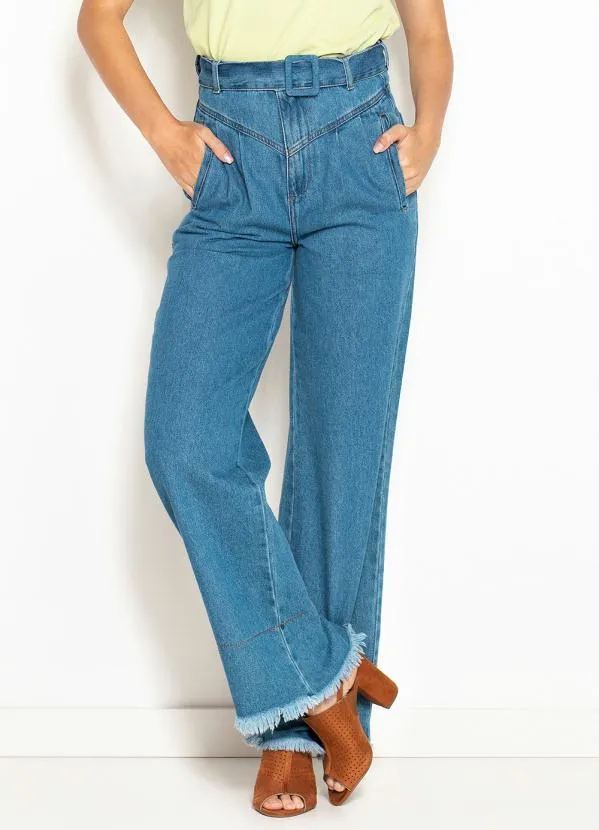 Maria Filó - Calça Jeans Wide Cinto Blue Denim Azul