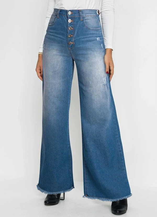 bonprix - Calça Jeans Wide Leg Cintura Alta Azul