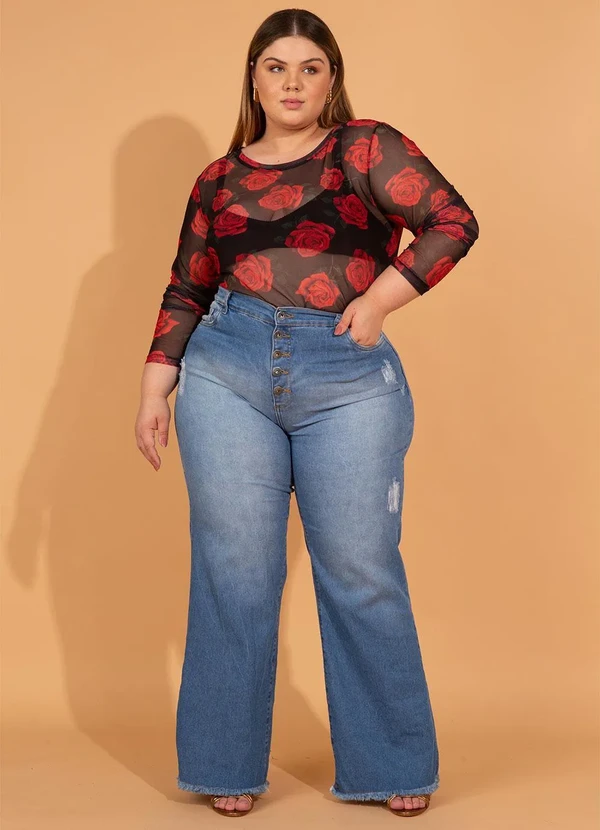 bonprix - Calça Jeans Wide Leg Cintura Alta Azul 2