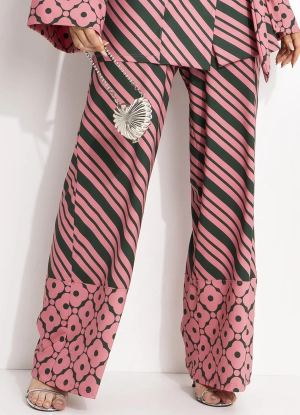 Quintess - Calça Pantalona Listrada em Malha Fria com Cós Elástico 16