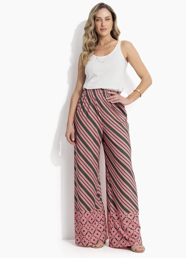 Quintess - Calça Pantalona Listrada em Malha Fria com Cós Elástico 3