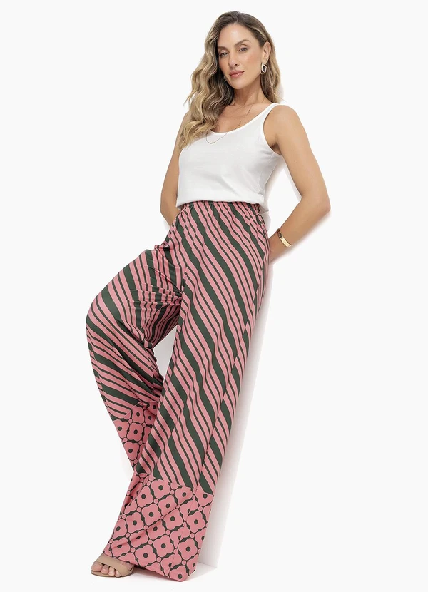 Quintess - Calça Pantalona Listrada em Malha Fria com Cós Elástico 5