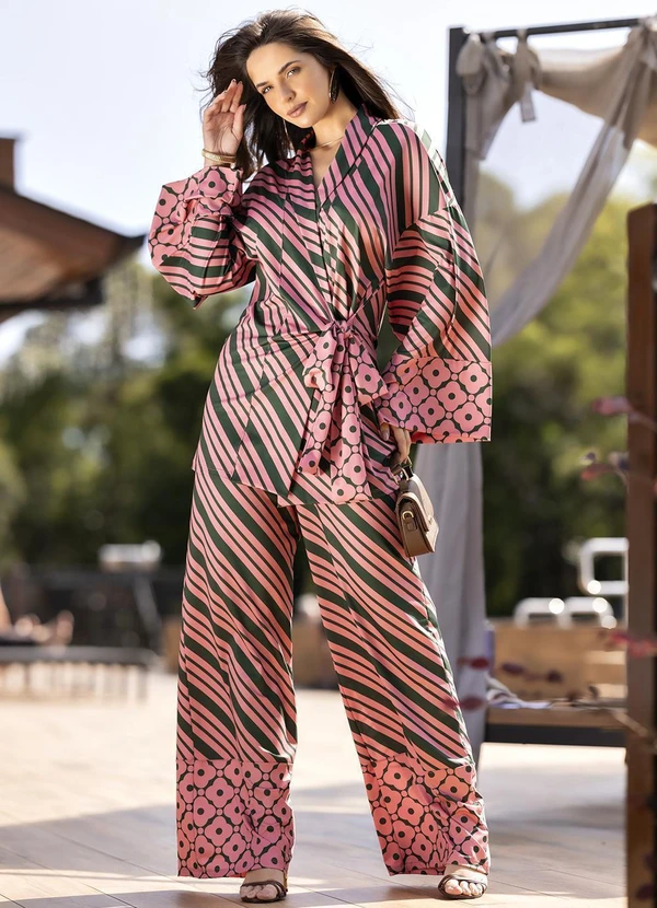 Quintess - Calça Pantalona Listrada em Malha Fria com Cós Elástico 8