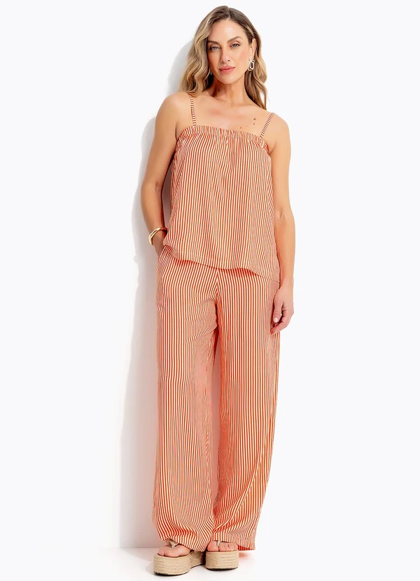 Quintess - Calça Listrado Vermelho em Viscose Plana 6