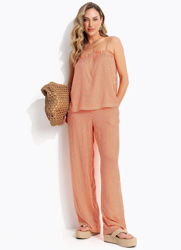 Quintess - Calça Listrado Vermelho em Viscose Plana 8