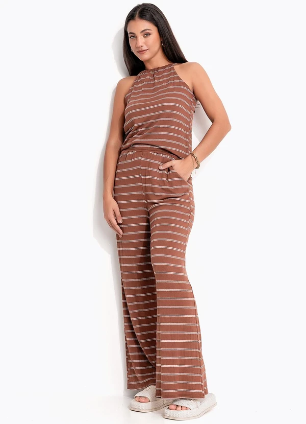 Quintess - Calça Marrom em Malha de Viscose Listrada 5