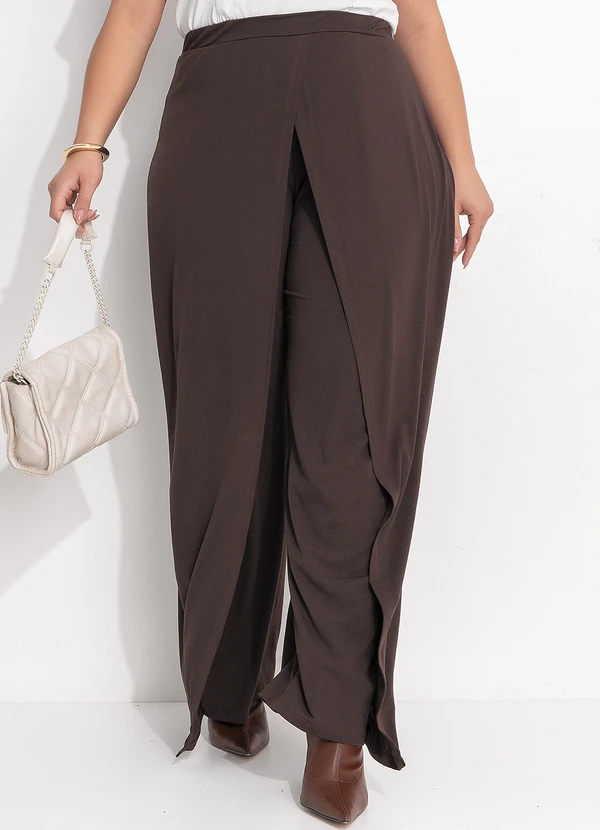 Quintess - Calça Pantalona Marrom em Malha de Viscose com Sobreposição 11