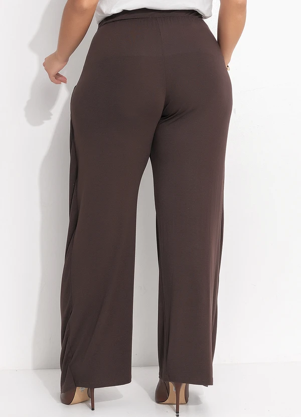 Quintess - Calça Pantalona Marrom em Malha de Viscose com Sobreposição 12