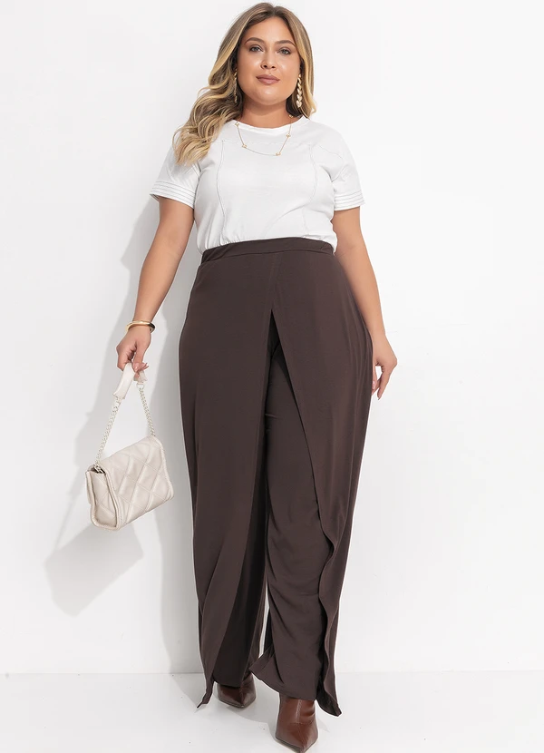Quintess - Calça Pantalona Marrom em Malha de Viscose com Sobreposição 13