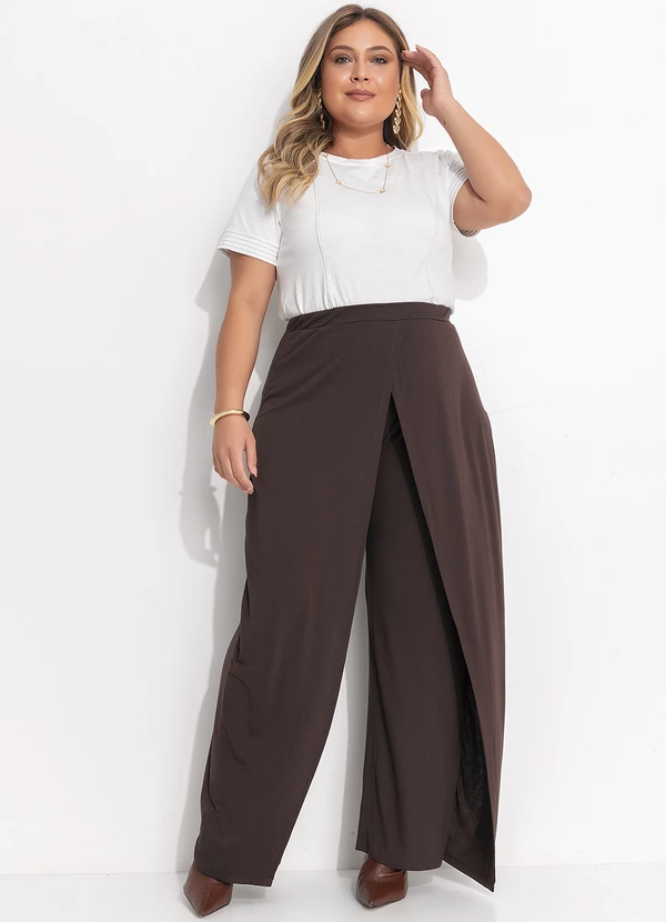 Quintess - Calça Pantalona Marrom em Malha de Viscose com Sobreposição 15