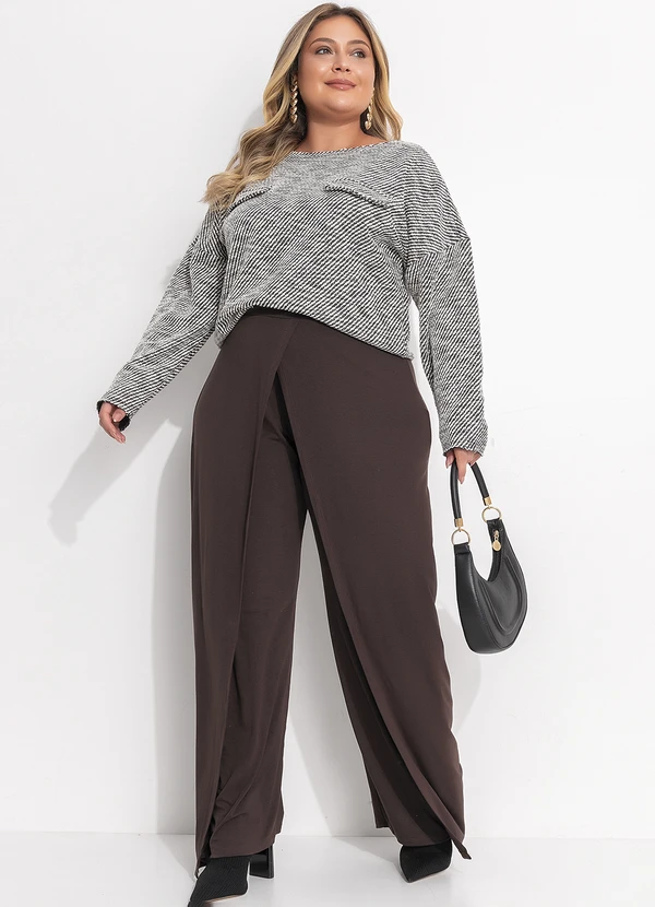 Quintess - Calça Pantalona Marrom em Malha de Viscose com Sobreposição 16