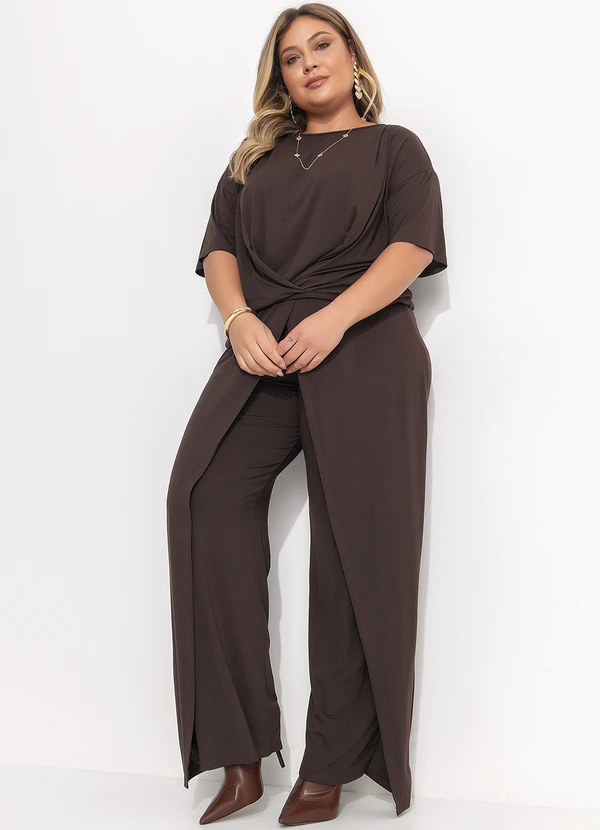 Quintess - Calça Pantalona Marrom em Malha de Viscose com Sobreposição 17