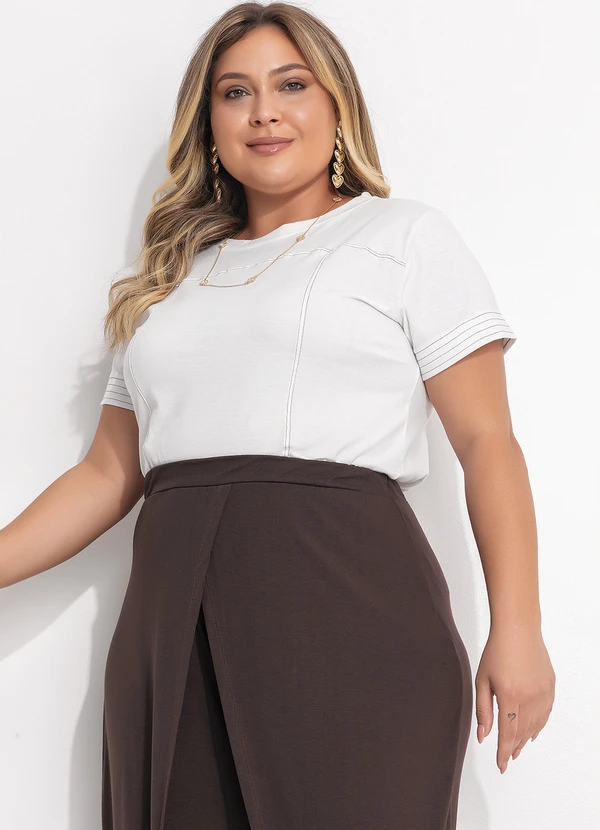 Quintess - Calça Pantalona Marrom em Malha de Viscose com Sobreposição 19