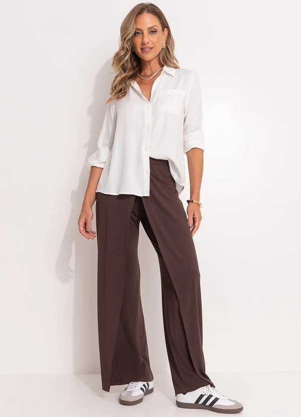 Quintess - Calça Pantalona Marrom em Malha de Viscose com Sobreposição 5