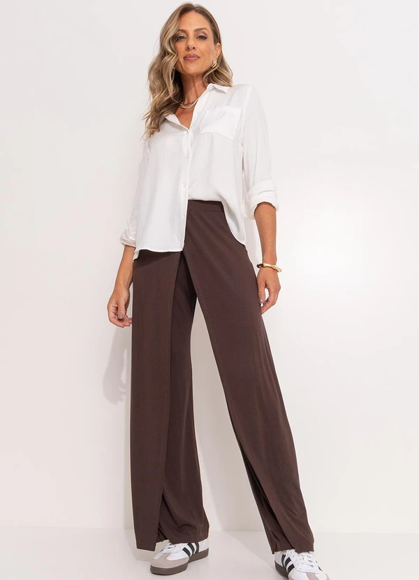 Quintess - Calça Pantalona Marrom em Malha de Viscose com Sobreposição 8