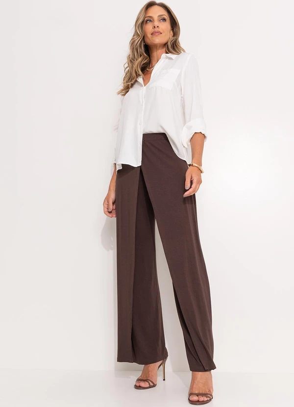Quintess - Calça Pantalona Marrom em Malha de Viscose com Sobreposição 9