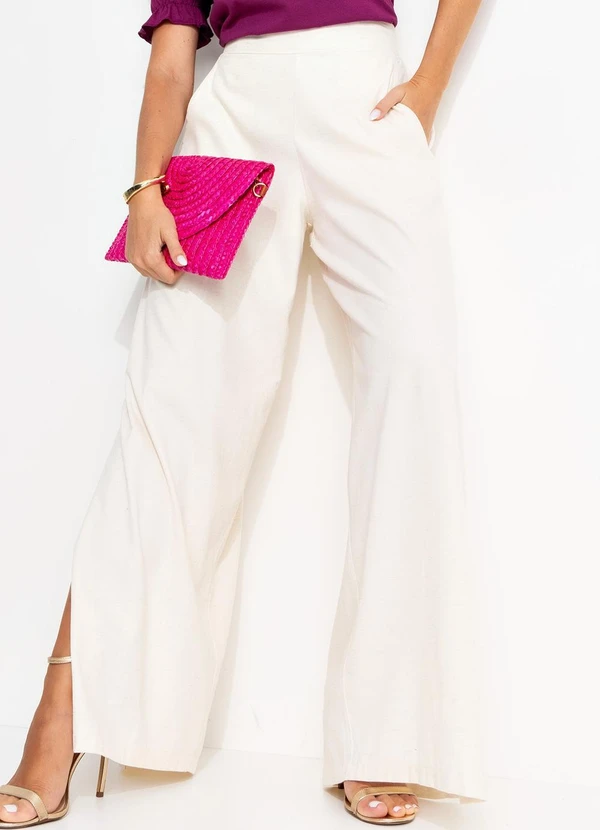Quintess - Calça Off White Pantalona com Fendas