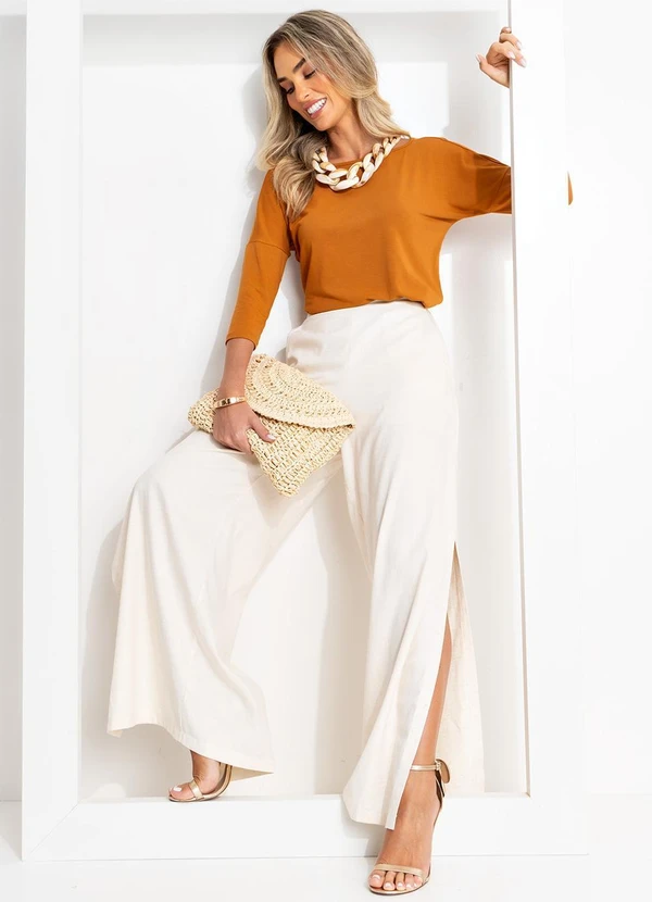 Quintess - Calça Off White Pantalona com Fendas 5