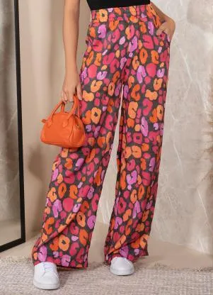 Quintess - Calça Onça Colorida em Viscose Plana - QUINTESS