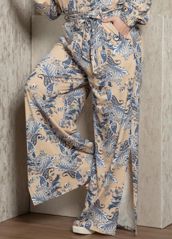 Quintess - Calça Paisley Bege com Fendas nas Laterais 5