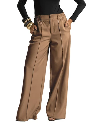 Dianna - Calça Pantalona Alfaiataria com Pespontos Marrom - DIANNA