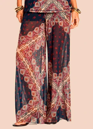 Doce Trama - Calça Pantalona Ampla em Tule Estampado Azul - DOCE TRAMA