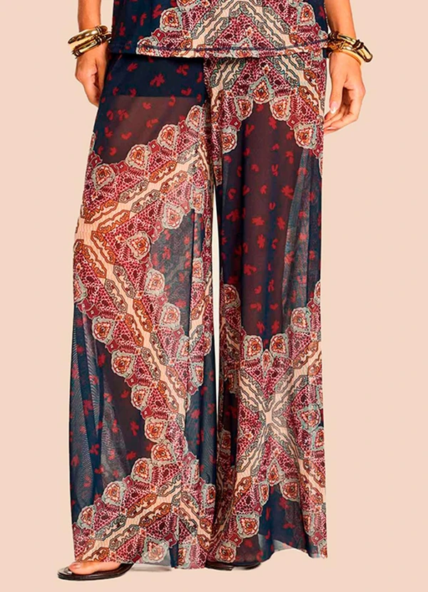 Doce Trama - Calça Pantalona Ampla em Tule Estampado Azul