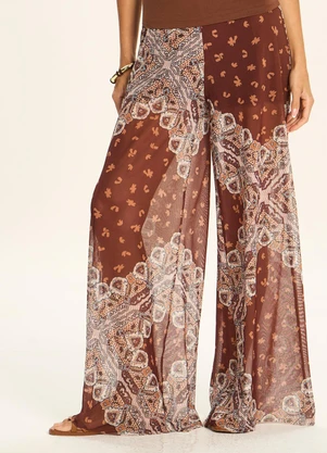 Doce Trama - Calça Pantalona Ampla em Tule Estampado Marrom - DOCE TRAMA