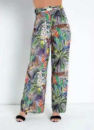 Queima Estoque - Calça Pantalona Animal Print Folhagem Acetinada - QUEIMA ESTOQUE