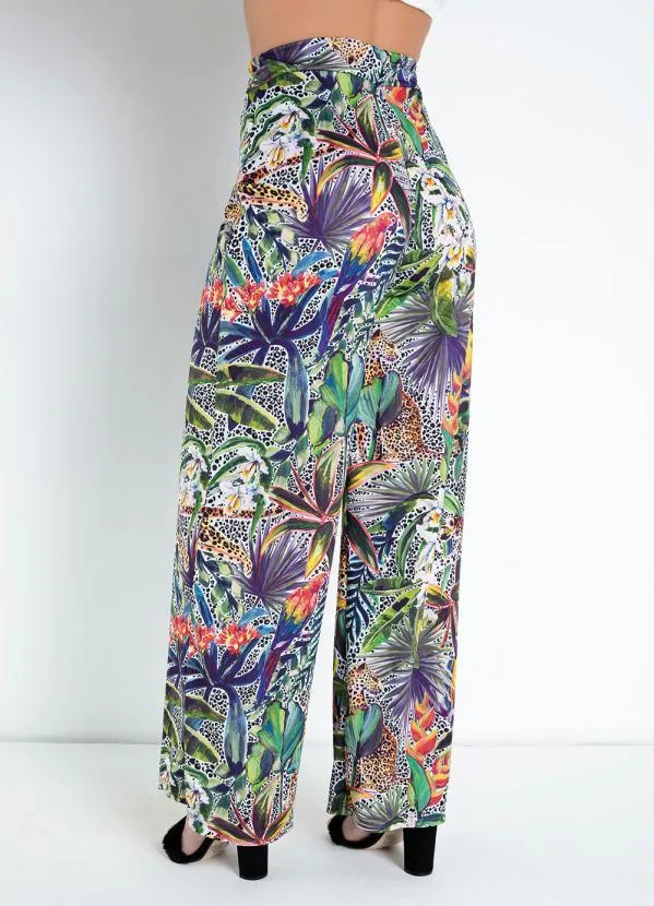 Queima Estoque - Calça Pantalona Animal Print Folhagem Acetinada 2