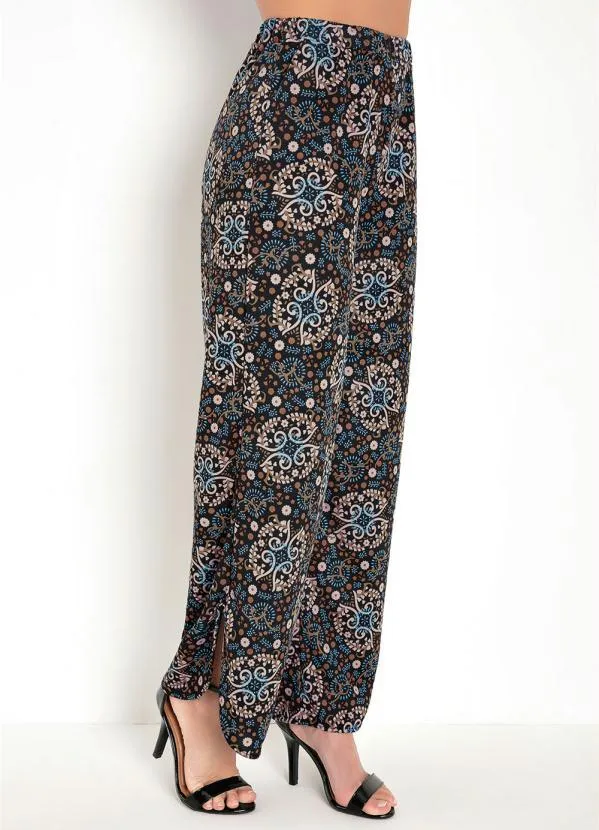 Moda Pop - Calça Pantalona Arabescos Preta com Fenda 3