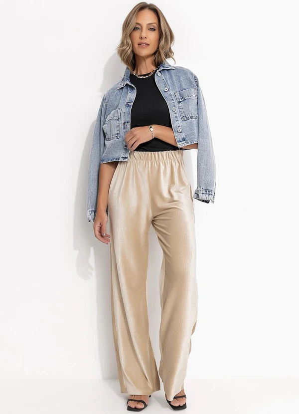 Quintess - Calça Pantalona Bege em Veludo Cotelê 5