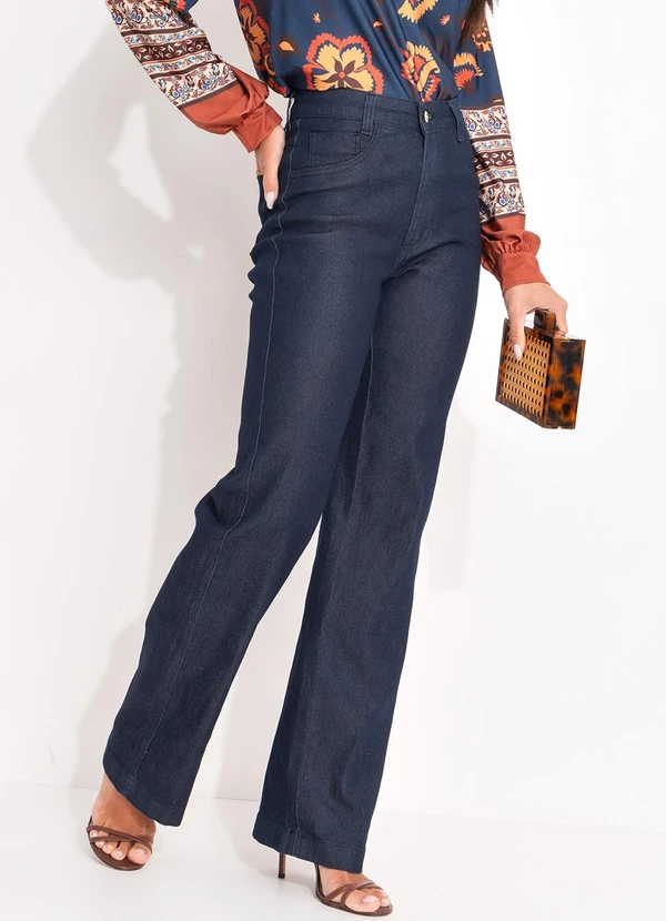 Quintess - Calça Pantalona com Bolsos Jeans Escuro 3