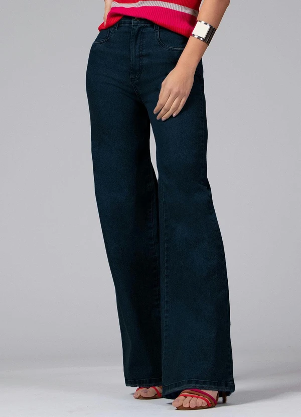 Quintess - Calça Pantalona com Bolsos Jeans Escuro 4