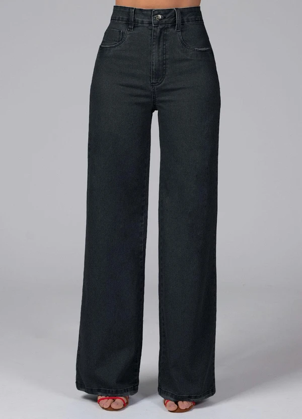 Quintess - Calça Pantalona com Bolsos Jeans Preto 11