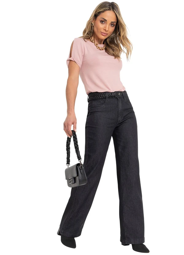 Quintess - Calça Pantalona com Bolsos Jeans Preto 3