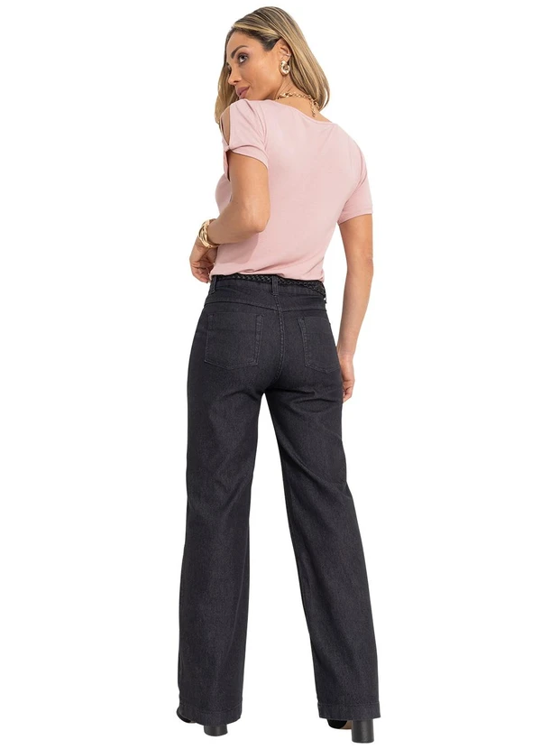Quintess - Calça Pantalona com Bolsos Jeans Preto 5