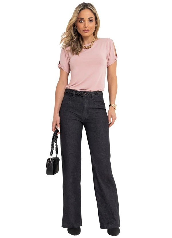 Quintess - Calça Pantalona com Bolsos Jeans Preto 6