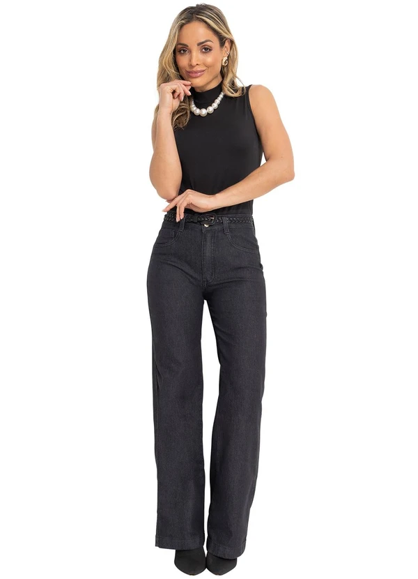 Quintess - Calça Pantalona com Bolsos Jeans Preto 7