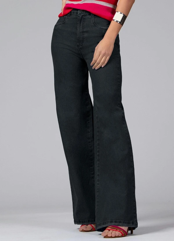 Quintess - Calça Pantalona com Bolsos Jeans Preto 9