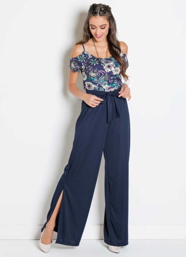 Outlet - Calça Pantalona com Fendas e Amarração Marinho 3