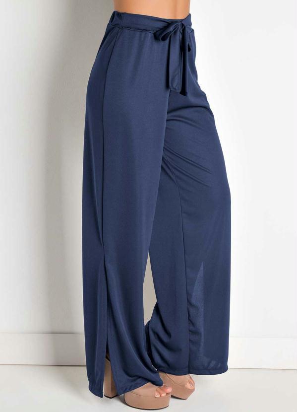 Outlet - Calça Pantalona com Fendas e Amarração Marinho 7