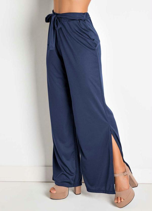 Outlet - Calça Pantalona com Fendas e Amarração Marinho 9