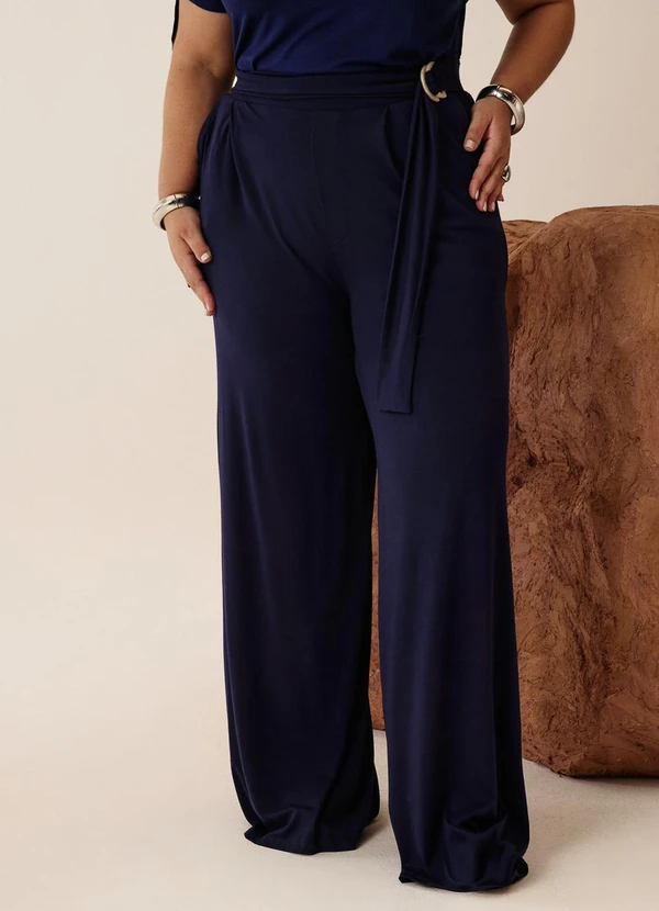 Elegance - Calça Pantalona com Fivela Azul Marinho Classic