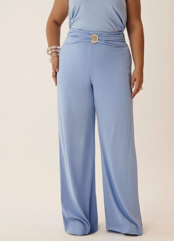 Elegance - Calça Pantalona com Sobreposição Azul Serenity